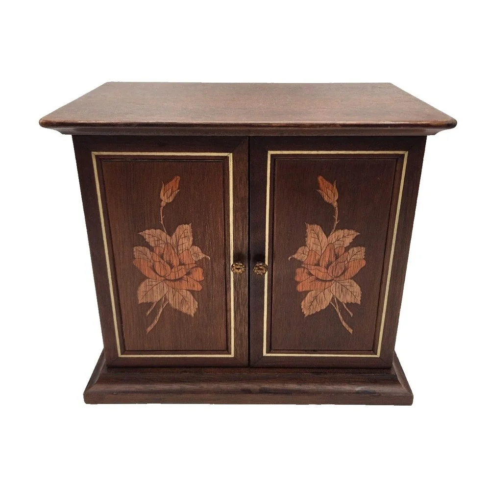 Vintage Wooden Jewelry Box Cabinet Velvet Lined Drawers Inlaid Doors Japan